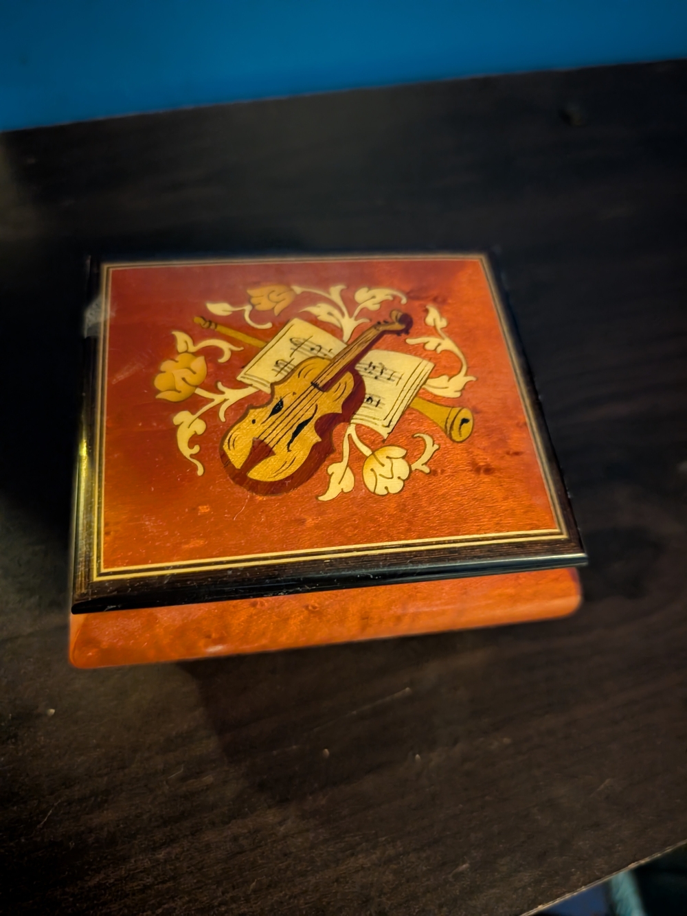 Vintage Decorative Music-Themed Trinket Box in Warm Wood Tones